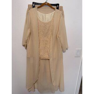3pc Formal Pantset Beige lined Chiffon with Beaded Tank NEW Womans L